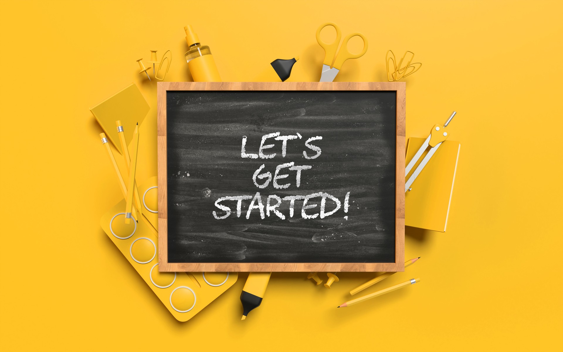 Back to School Let's Get Started Concept with Yellow School Equipment Behind Blackboard On Yellow Background
